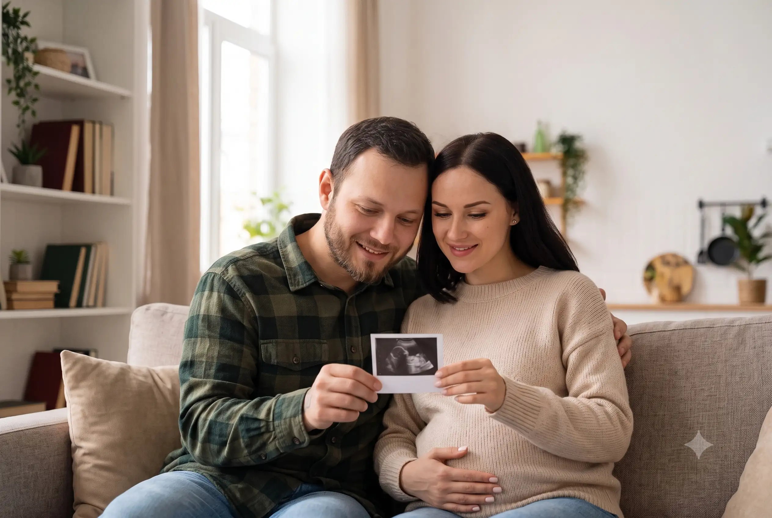 A happy expectant couple sitting together on a living room sofa, looking down lovingly as they jointly hold their baby’s ultrasound scan photo
