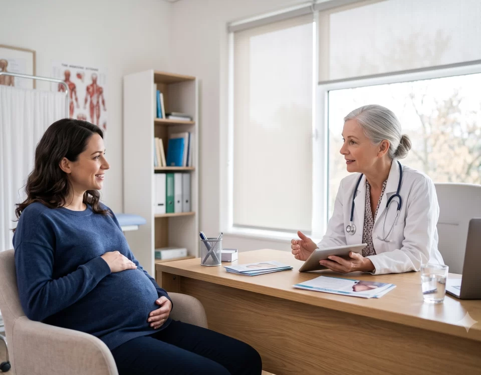 A smiling pregnant woman sits in an armchair during a prenatal consultation with a female doctor at a desk in a maternity clinic