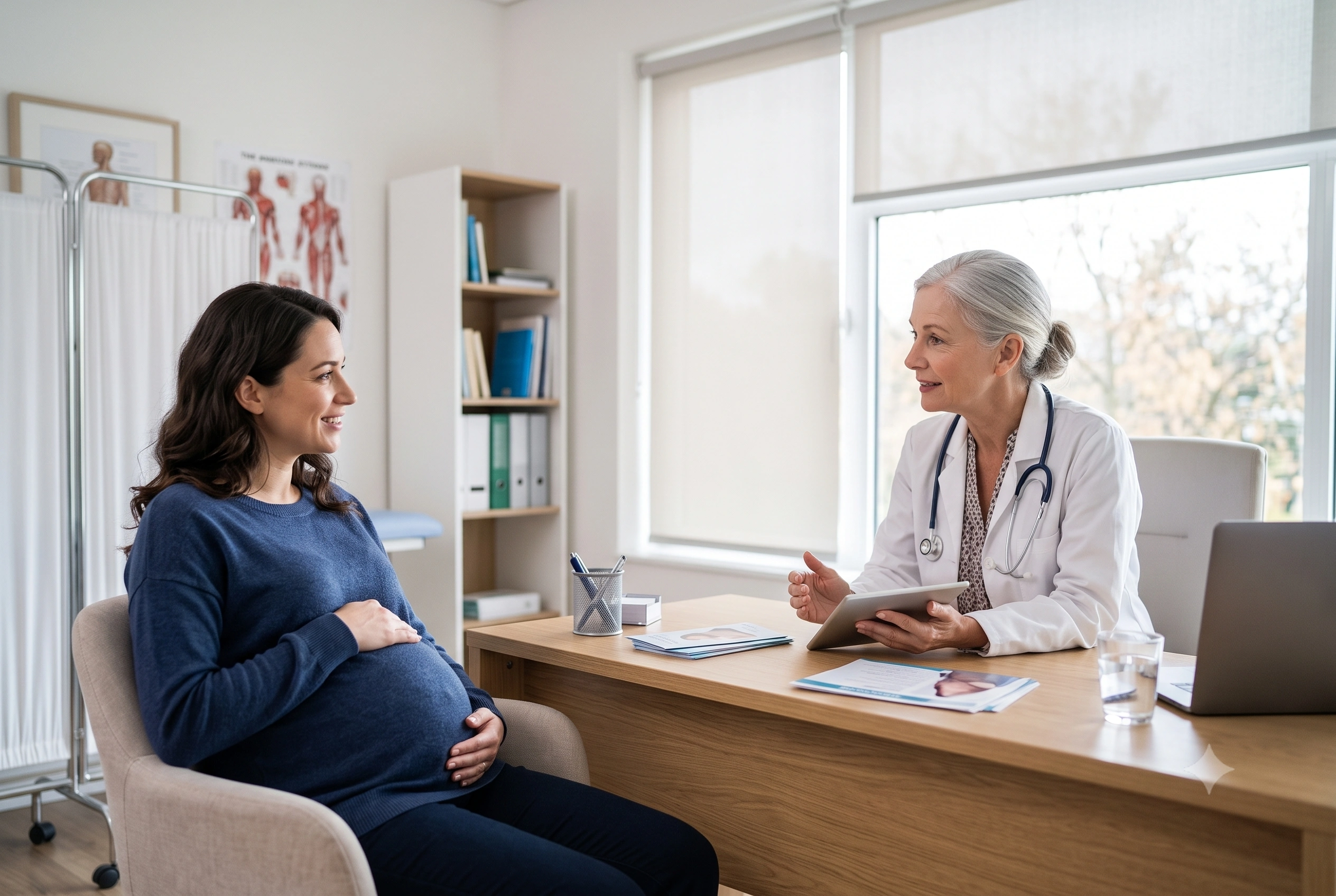A smiling pregnant woman sits in an armchair during a prenatal consultation with a female doctor at a desk in a maternity clinic