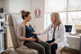 A female doctor in a white coat gently examining a smiling pregnant woman sitting on an exam chair during a prenatal checkup in a medical clinic