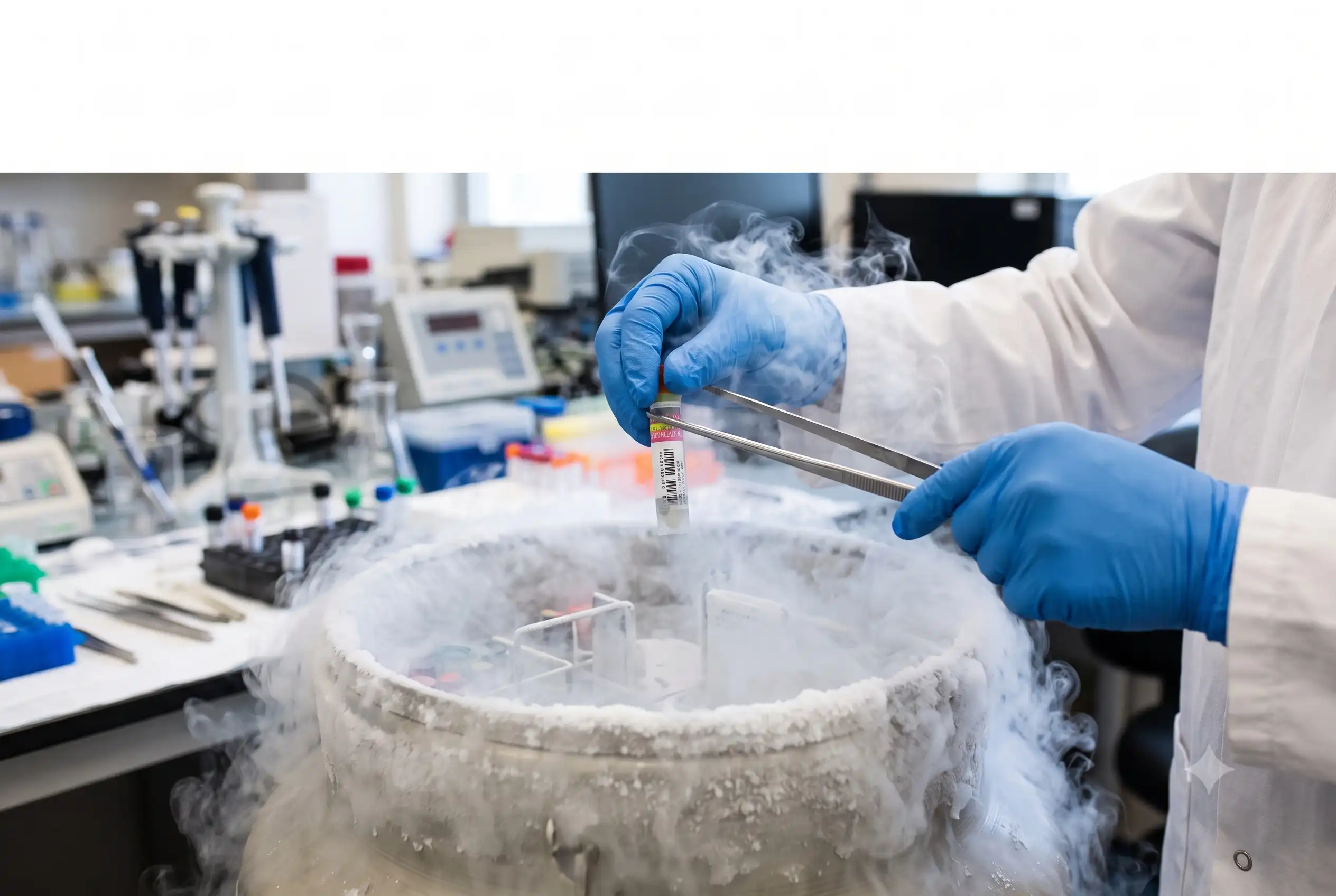 An embryologist in blue gloves using forceps to retrieve a labeled donor sperm cryovial from a liquid nitrogen storage tank for IVF and IUI treatment in a fertility clinic lab